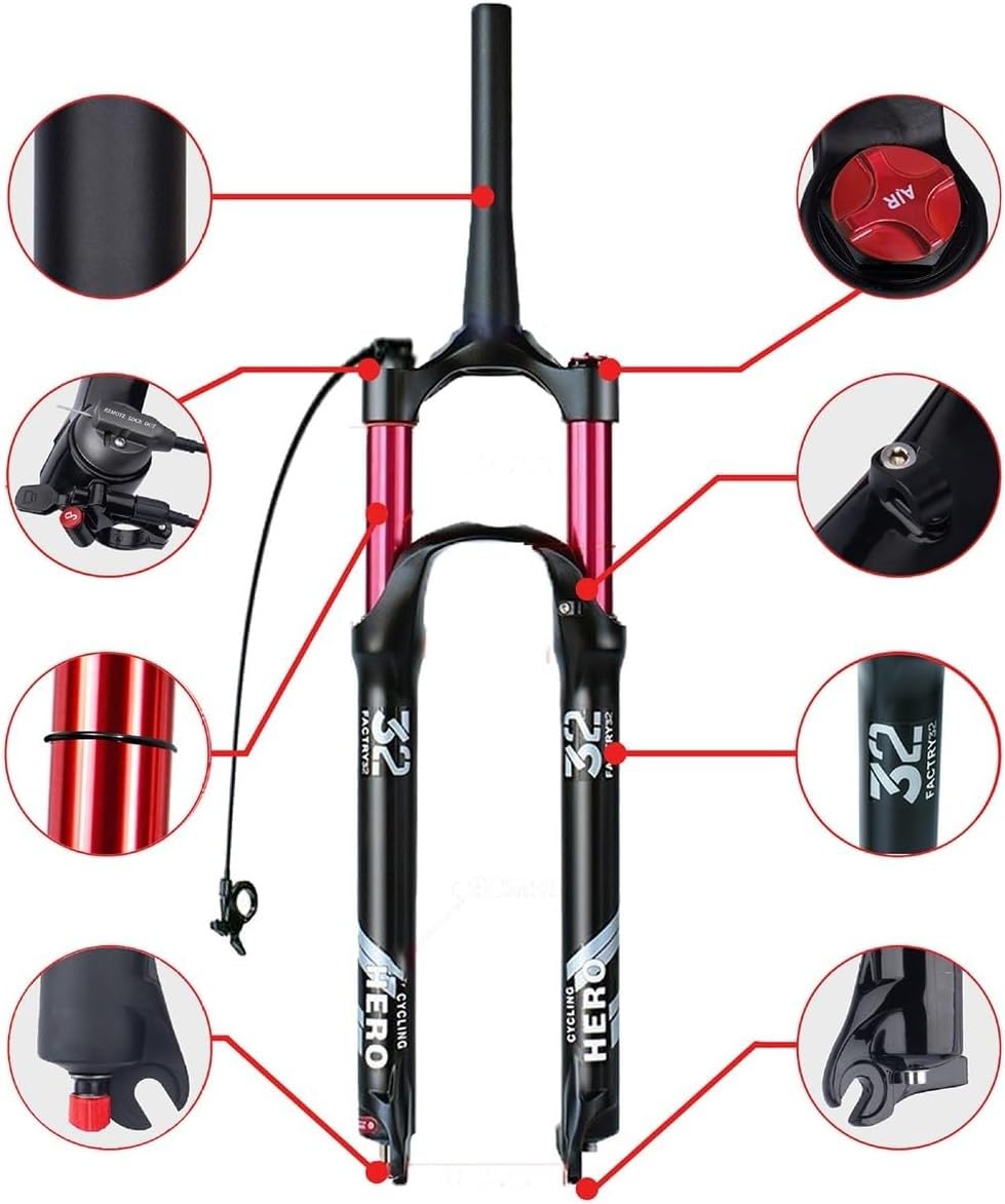 Przedni widelec pneumatyczny MTB pasuje do przednich widelców górskich XC AM 26", 27,5" i 29" XC AM, ultralekki, skok sprężyny 140 mm, QR, stożkowa rura kierownicy 9 mm, odbicie 1-1/2''