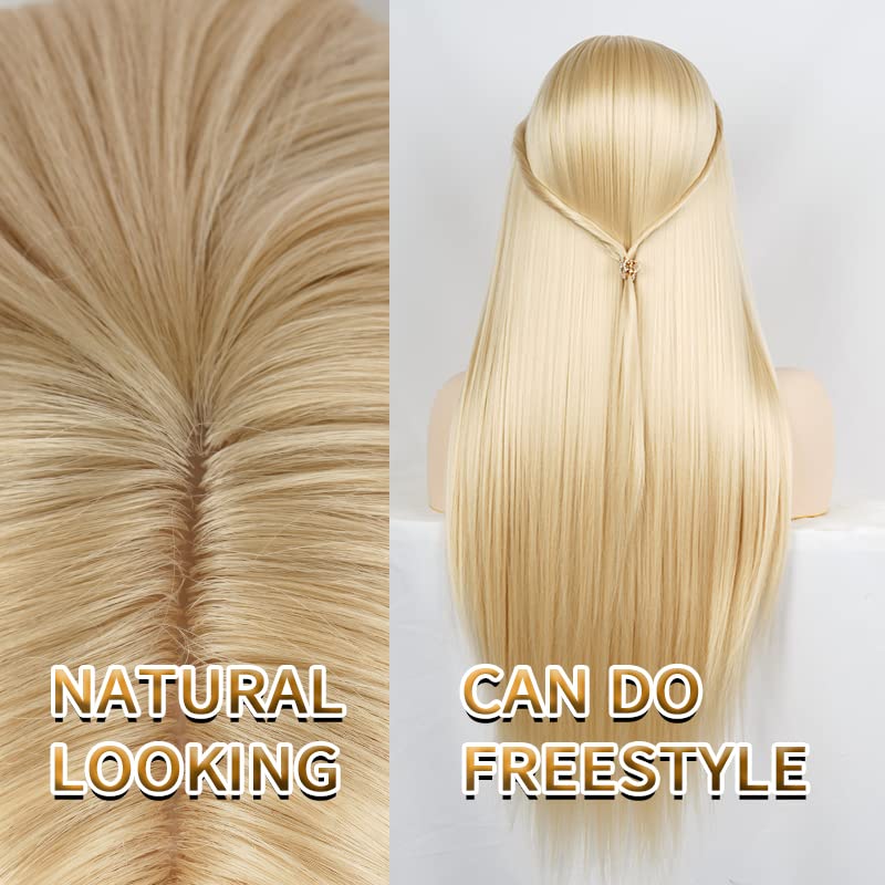 Miniatura 7 de Akkya Peluca larga rubia para mujer, Halloween, cosplay, pelo sintético de color liso para mujer, disfraz de fiesta (28 pulgadas, rubio)