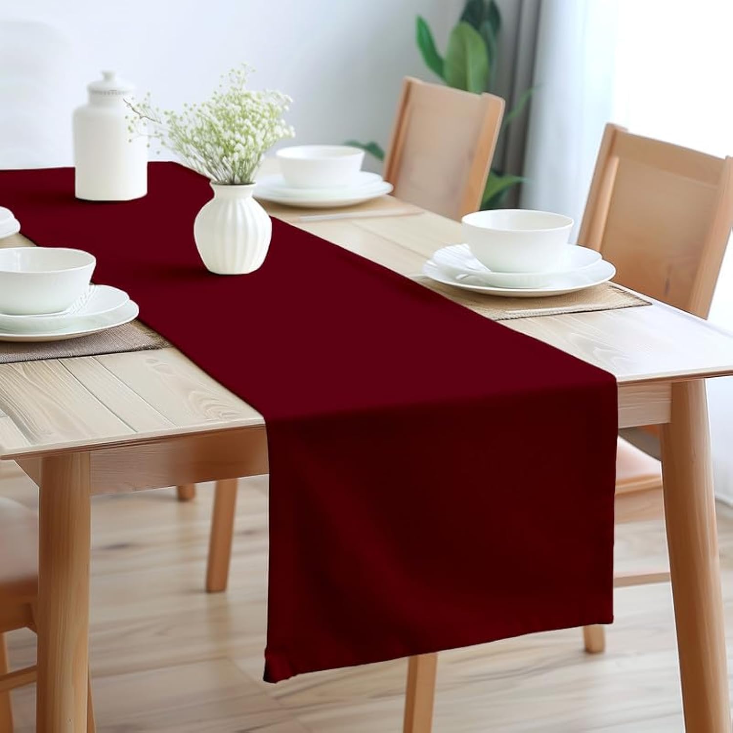 Encasa Camino de Mesa Tamaño 32x183 cm | Tela de Lona de Algodón | Color Sólido Rico Granate | Lavable a Máquina y Duradero