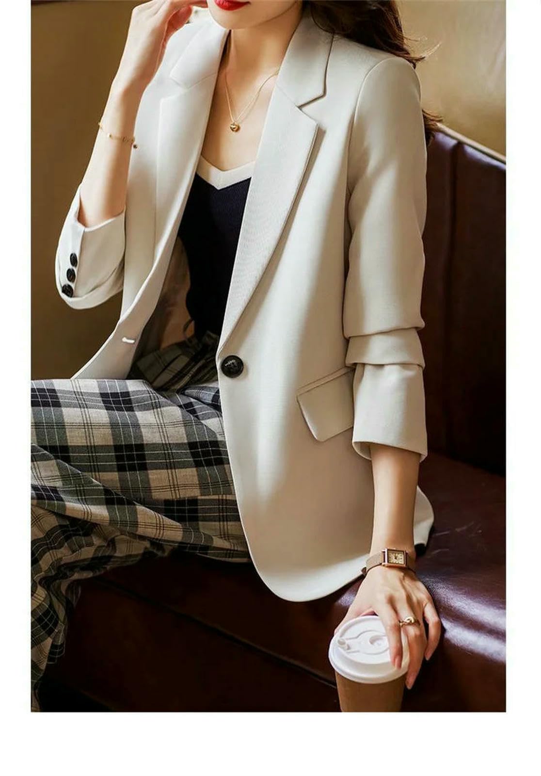 Strickjacke Damen Beliebte Neue Frauen Freizeit Hintere Gabelanzug Mantel Frauen Frühling Herbst Langarm Blazer Jacke Chic Blazer-cremefarben-XXL