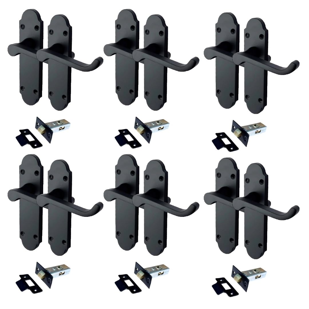 Epsom Door Handle Matt Black Internal Door Handle Sets – Lever on Backplate 170mm x 42mm – Includes Tubular Latch – 6 Pairs