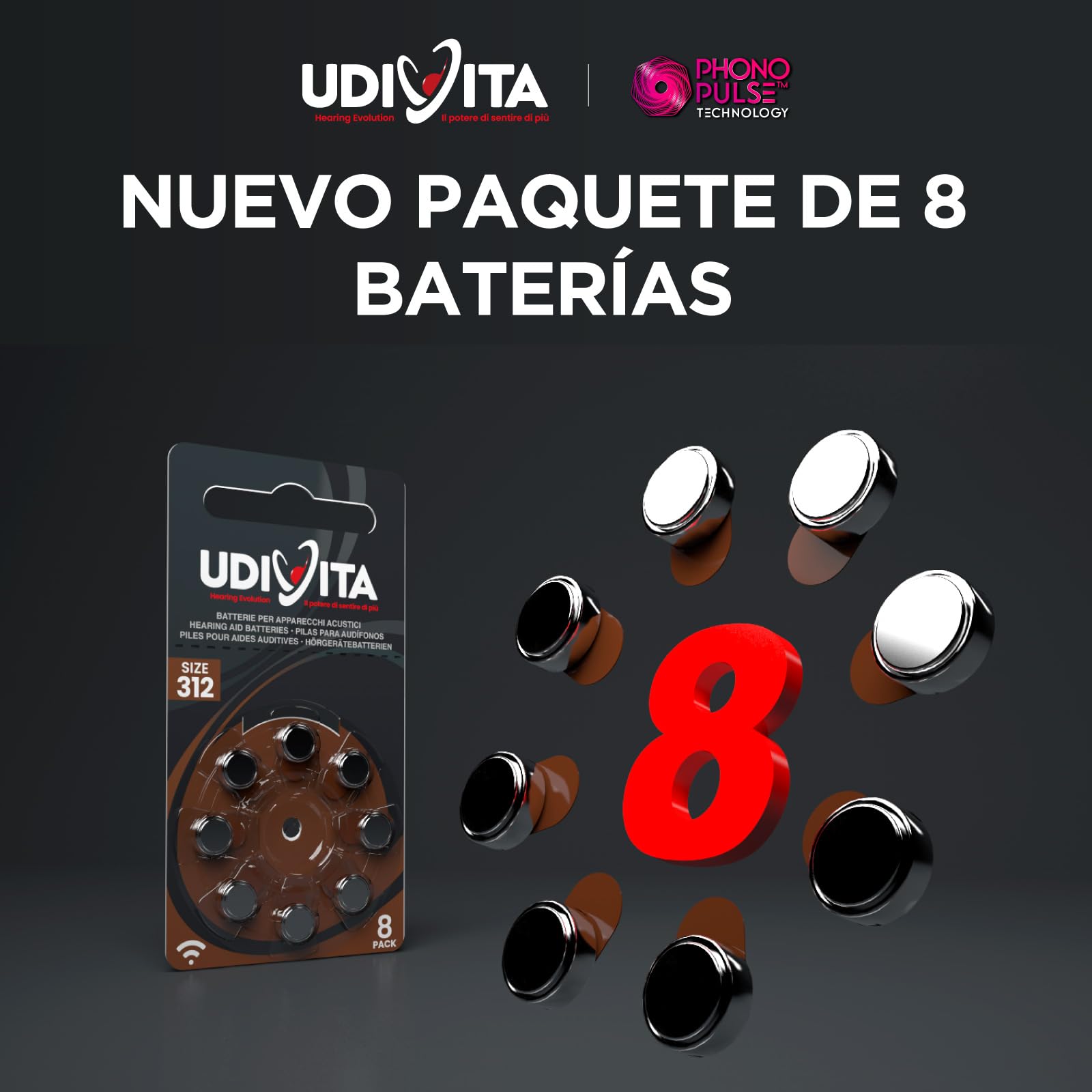 120 Pilas para Audífonos Tamaño 312 Udivita PR41 (Marrón) Zinc-Aire Hearing Evolution - 15 Blísteres de 8 Pilas