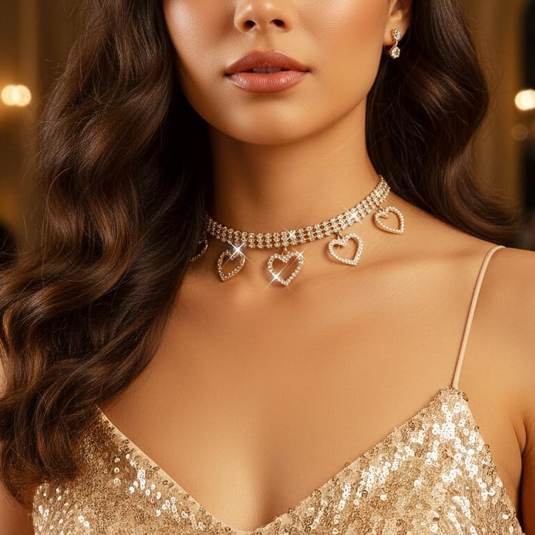 Jeairts Heart Necklace Gold Rhinestone Choker Sparkly Crystal Jewelry for Women - Image 7
