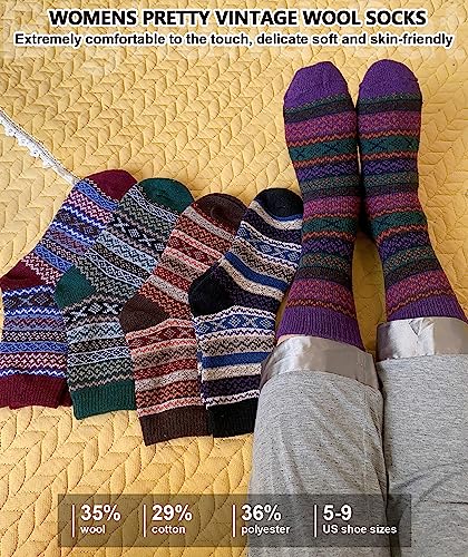 Image of IIG 5 Pairs Women's Vintage Style Thick Wool Warm Winter Crew Socks