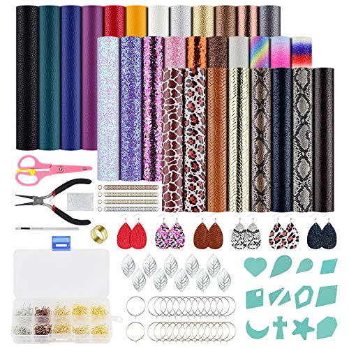 AK KYC Leather Earring Making Kit 30 Pieces Faux Leather Sheets Earring Cut Molds and Tools Jumps Rings Earring Hooks for Making Leather Earrings Bows and Crafts