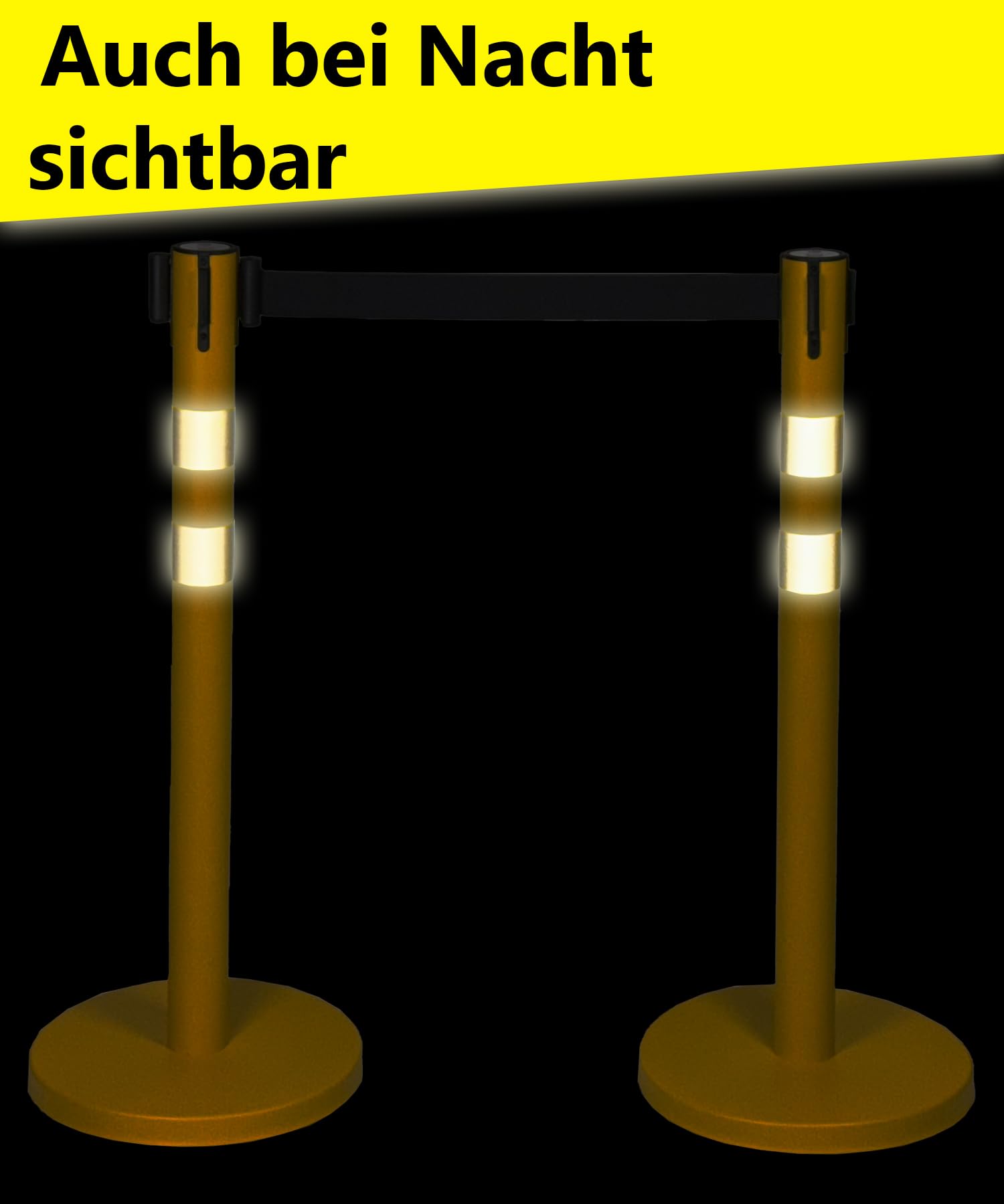 UvV BounceLine Personenleitsystem, Absperrpfosten, Edelstahl gelb beschichtet, 2 Pfosten 90 cm Hoch je 3 m Gewebeband (Stahl 8 kg (Heavy), gelb schwarz/gelb)