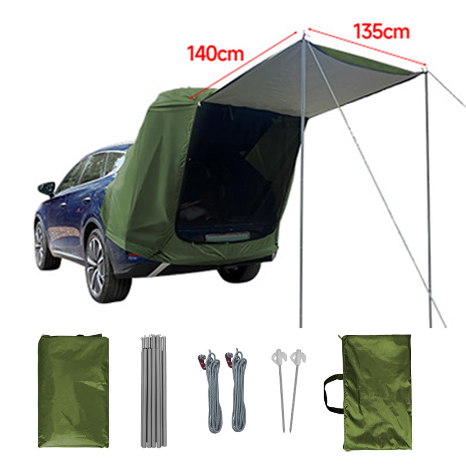 Heckzelt Für Auto Mit Moskitonetz,Universal Wasserdicht Winddicht SUV Auto-Kofferraumzelt,Mit Stützstange Heckklappenzelt Vorzelt Auto Für SUV,Camping,Outdoor Abenteuer Doppellagiges Gewebe(Grün)