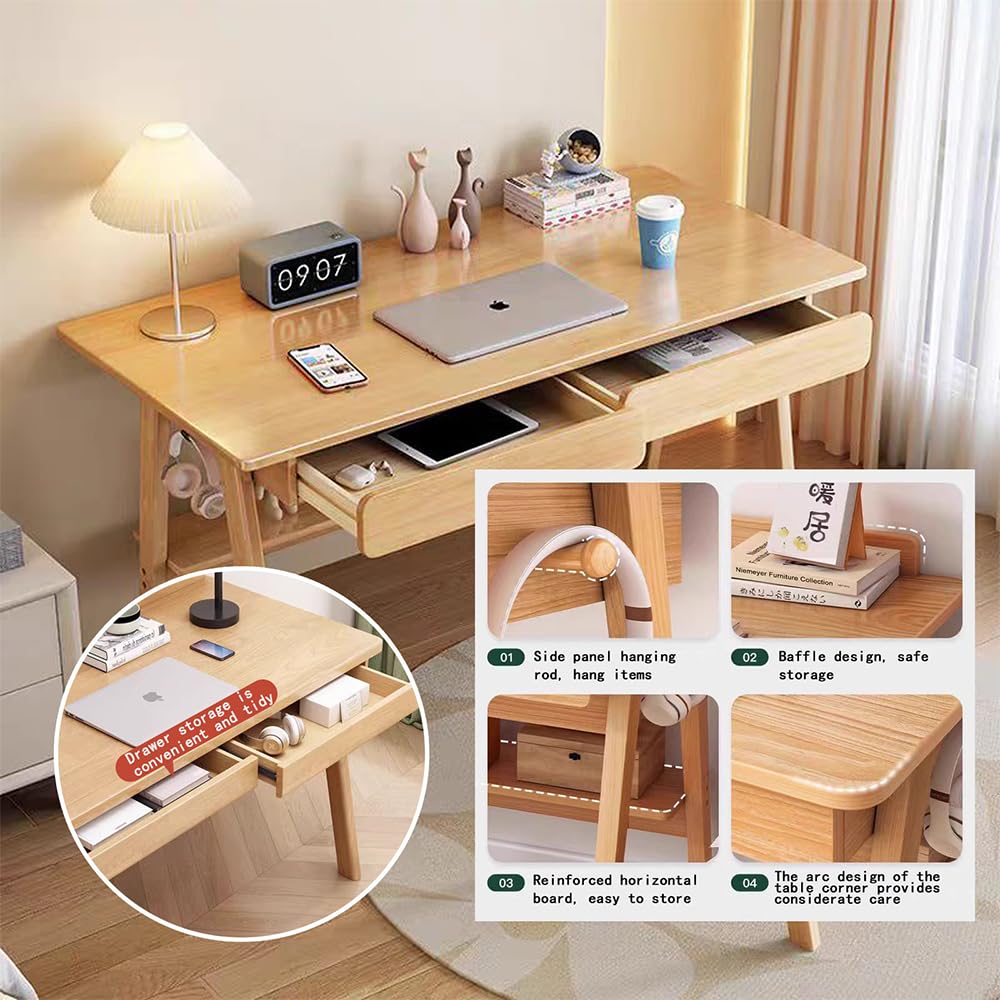 Scrivania per computer in legno massello con ripiano portaoggetti e ganci, scrivania per casa e ufficio per piccoli spazi, scrivania in legno per camera da letto, tavolo per laptop, postazione di
