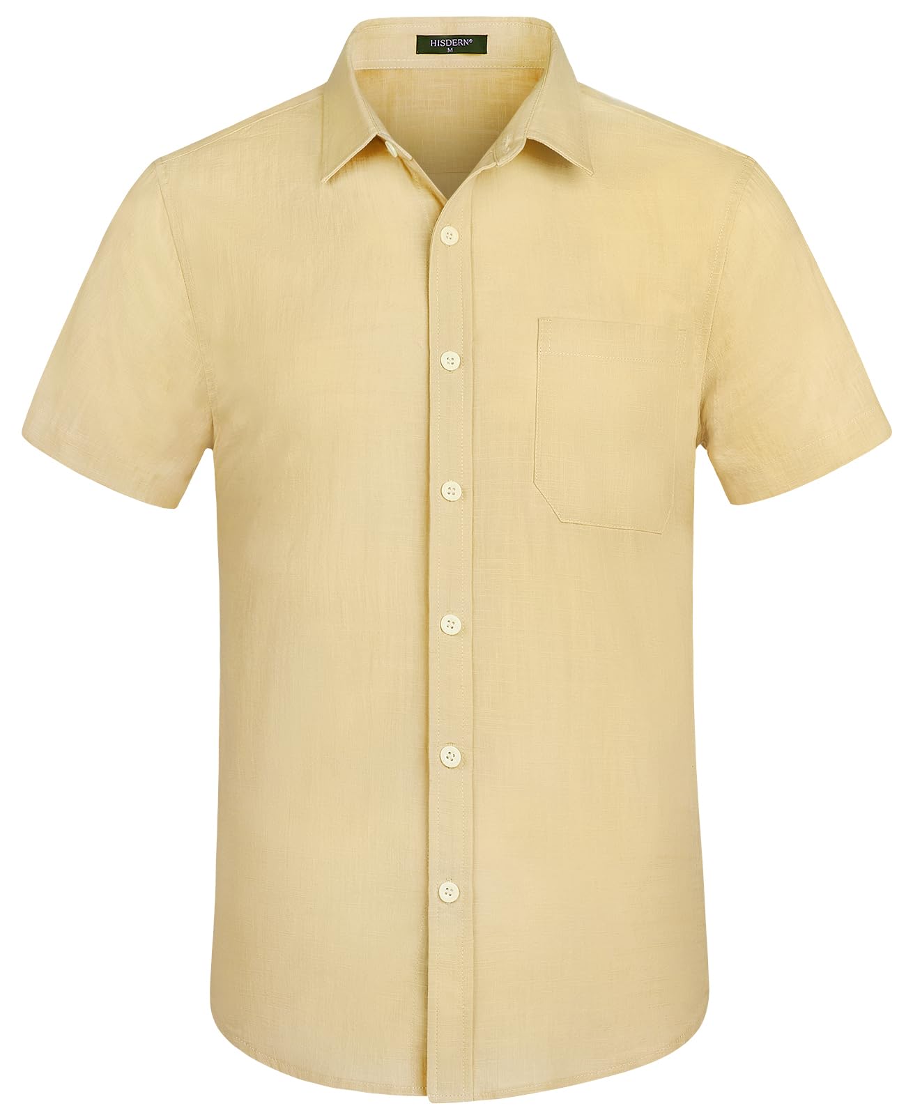 HISDERN Camisa Lino Hombre Manga Corta Casual Verano Color Sólido Camisas Elegante Algodón Camisa con Bolsillo con Botónes Shirt Regular Fit