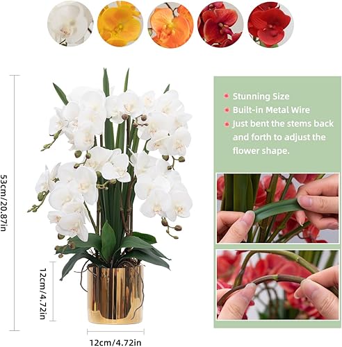 Vista 2 de CXGS Plantas artificiales de orquídeas artificiales de tacto real, orquídeas falsas en jarrón de cerámica de 20.9 pulgadas, orquídea falaenopsis