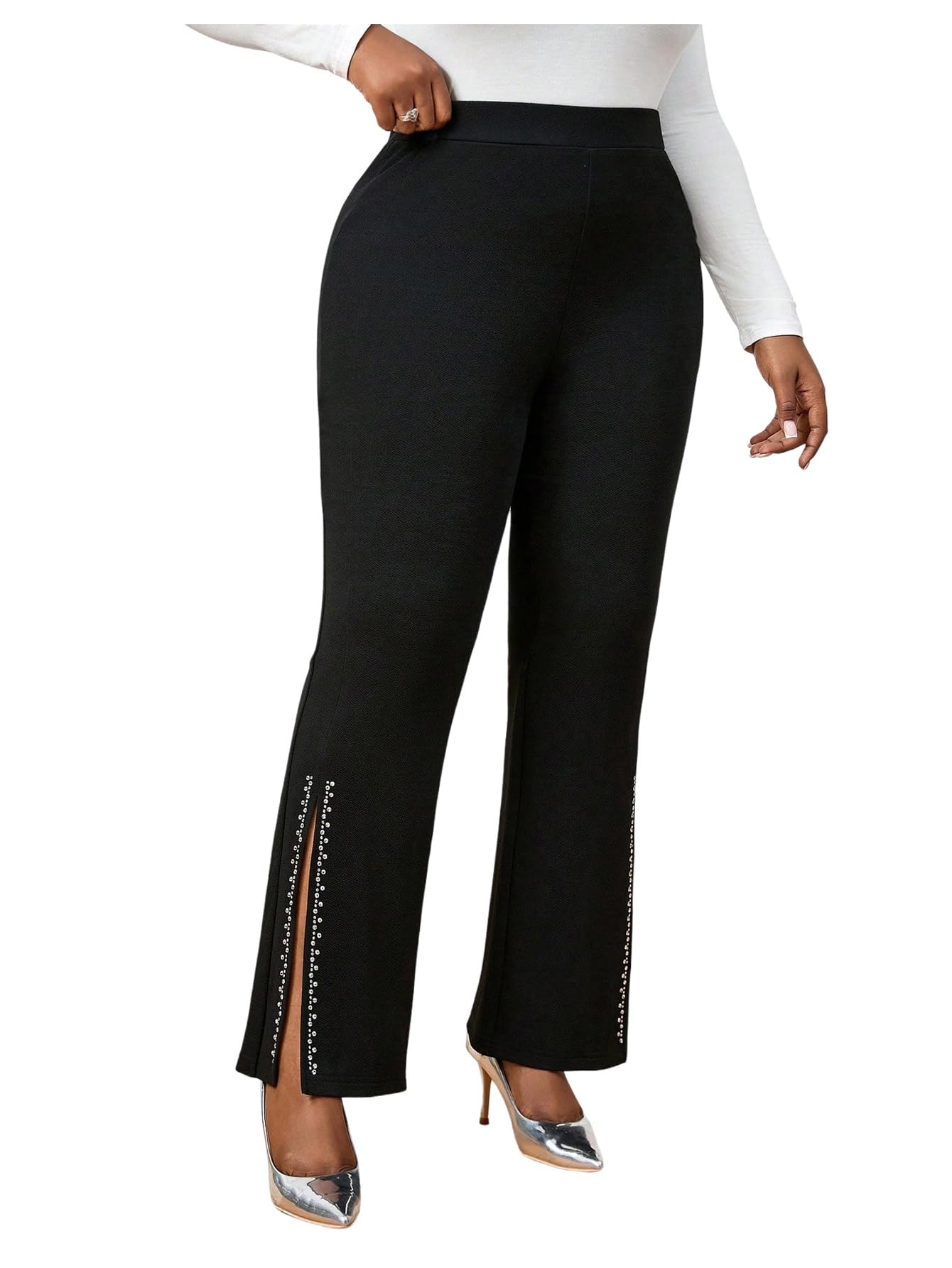 WDIRARA Womens Plus Size Flare Pants High Waisted Rhinestone Split Side Bootcut Trousers