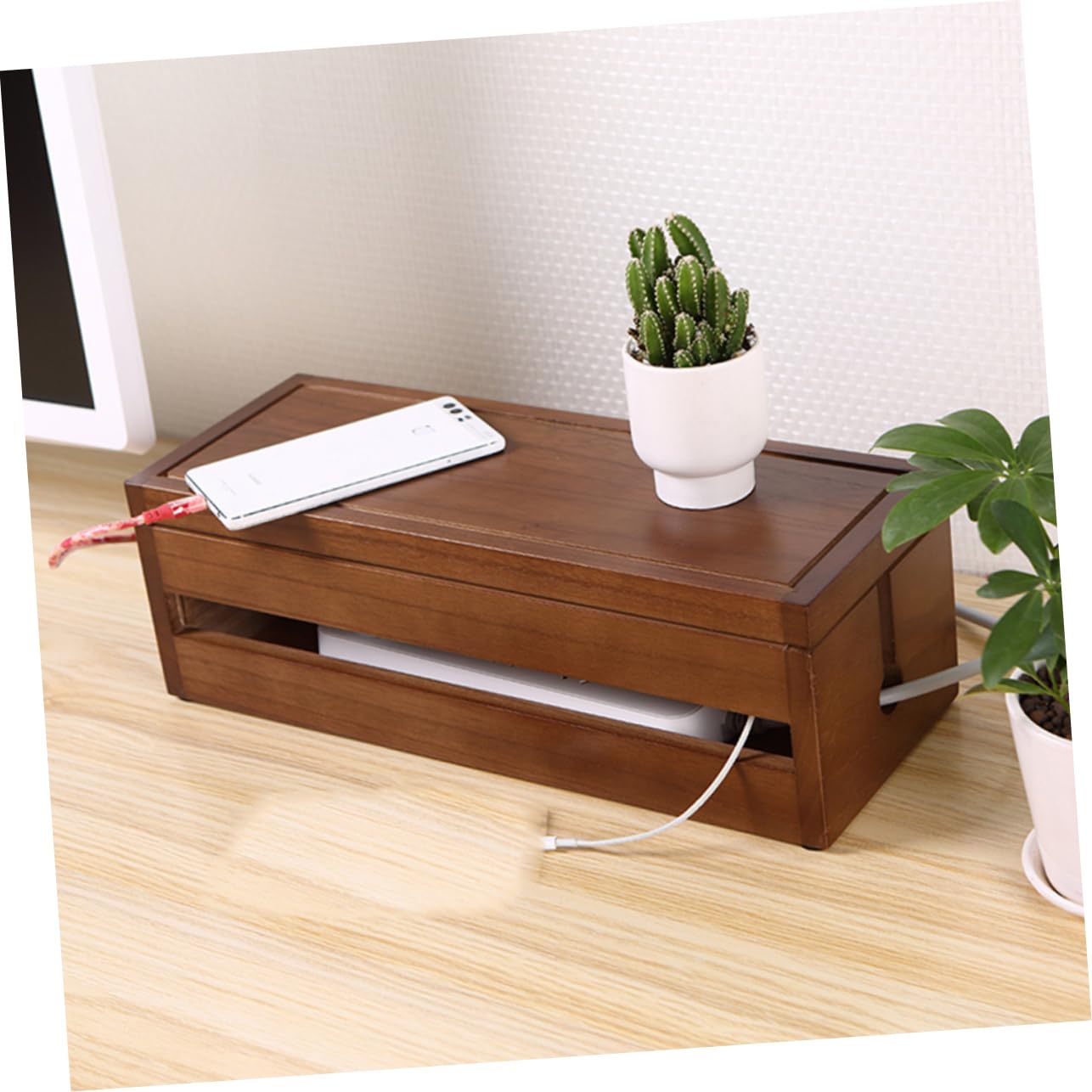 Scatola per Cavi Organizer Legno Marrone Caffè 1 Pezzo | Paulownia , Design Struttura Traforata Multifunzionale per Dissipazione del Calore , Ordine per Cavi e Adattatori