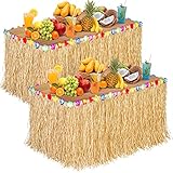Aodaer 2 Pack Paper Luau Grass Table Skirt with Hibiscus Flowers 9 Feet x 30 Inch Raffia Style Hawaiian Table Skirt Rectangle Tropical Luau Party Decorations for Summer Beach Party, Straw