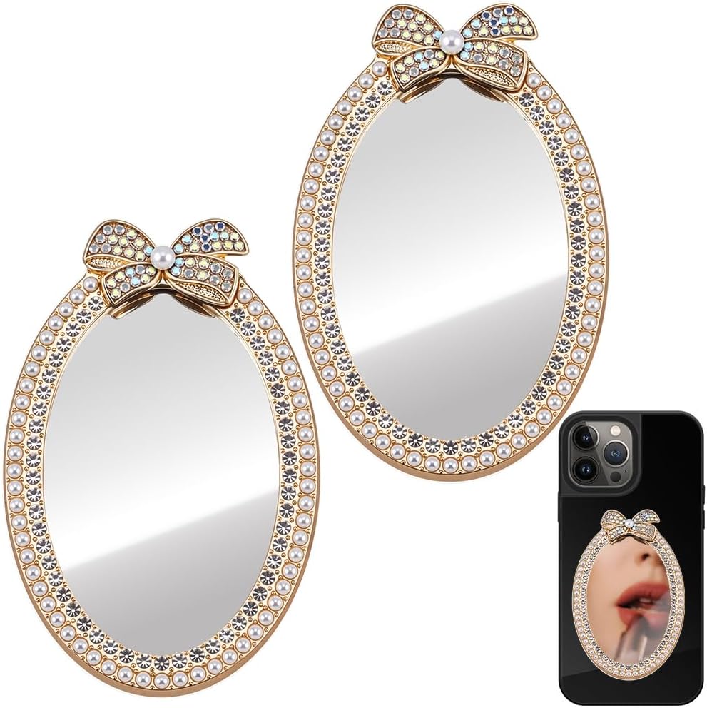 SUNNYCLUE 1 Box 2Pcs Adhesive Mirror Phone Makeup Mirror Phone Case Bulk Gold Rhinestones Bow Imitation Pearl with Double-Sided Decal Stick Bowknot Stickers for Smartphone Women Gifts DIY Case Back