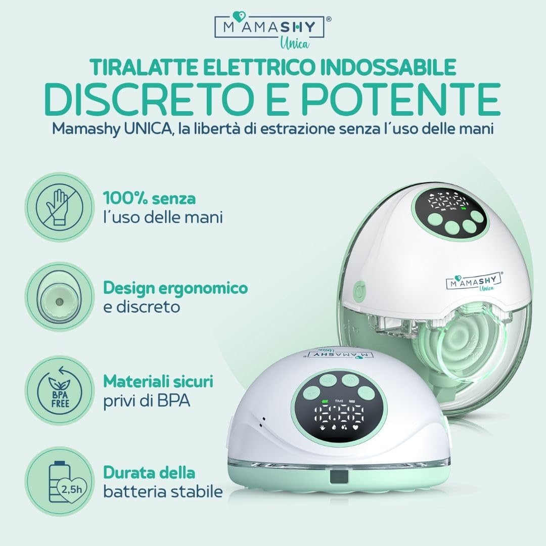 MAMASHY Unica- Tiralatte Elettrico Indossabile e Guida Vocale IT, Tira Latte Neonati Silenzioso Portatile Adattabile 6TG, Neonato Accessori Utili Antispreco, Funzione Memoria, 12 Intensità, 4 Modalità