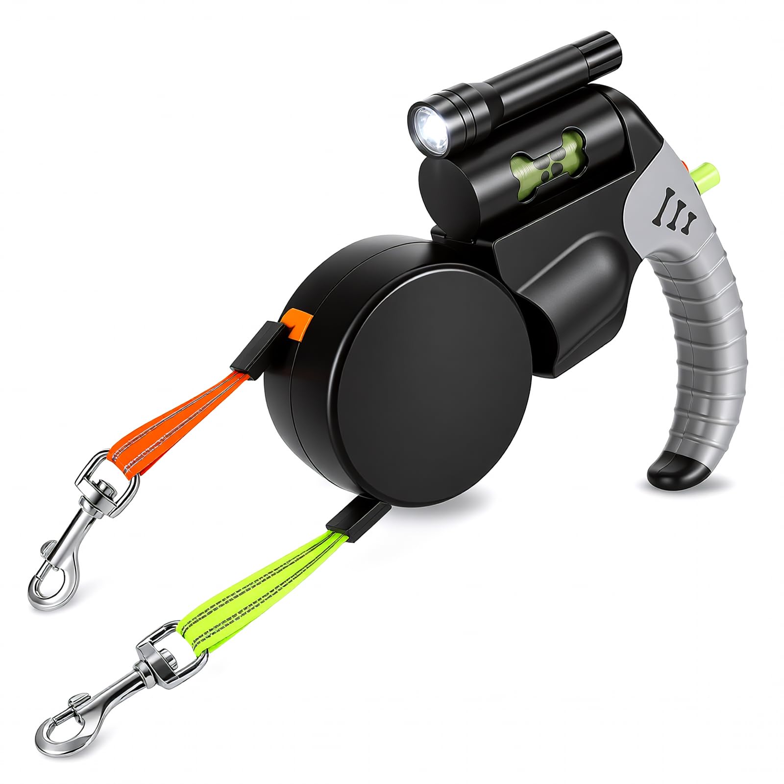 Kinberry Dual Retractable Dog Lead, 3m Extendable Dog Leash with Independent Lock Button, 360° Tangle-Free, Detachable LED Light for Night Walking, Poop Bag Holder, for Small to Medium Dogs