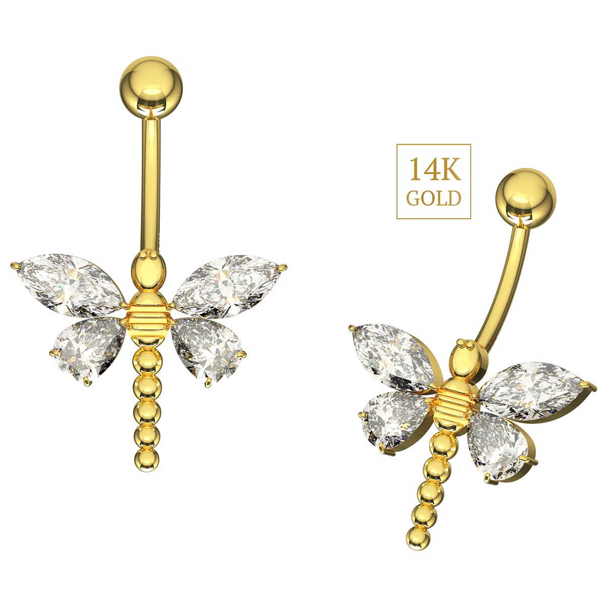 Piercing para ombligo de oro amarillo macizo de 14 quilates con circonita cúbica y libélula – Joyería para el ombligo de 14 quilates – Piercing para el ombligo calibre 1, 14 Gauge - 14mm