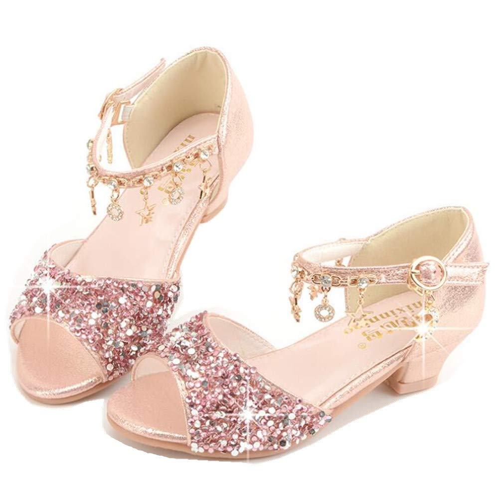 GOJERP Little Kids Girls Sandals Glitter Rhinestone Dress Pumps Sequins Princess Low Heels Party Dance Shoes (Pink, numeric_1)