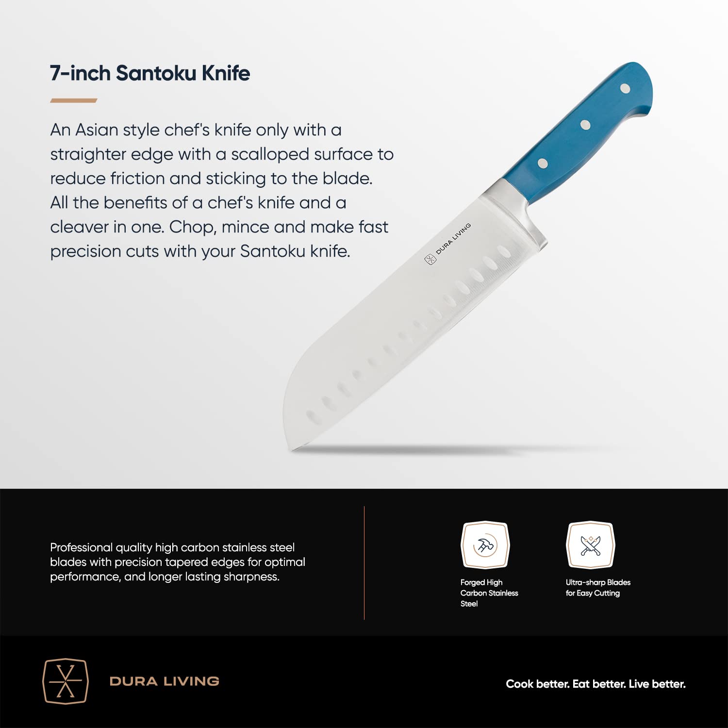 DURA LIVING 7-Inch Santoku Knife - Razor-Sharp High-Carbon Stainless Steel Blade, Forged Ergonomic Riveted Handle, Chef Knife for Chopping, Slicing & Dicing, Multipurpose Kitchen Knife, Home Chef