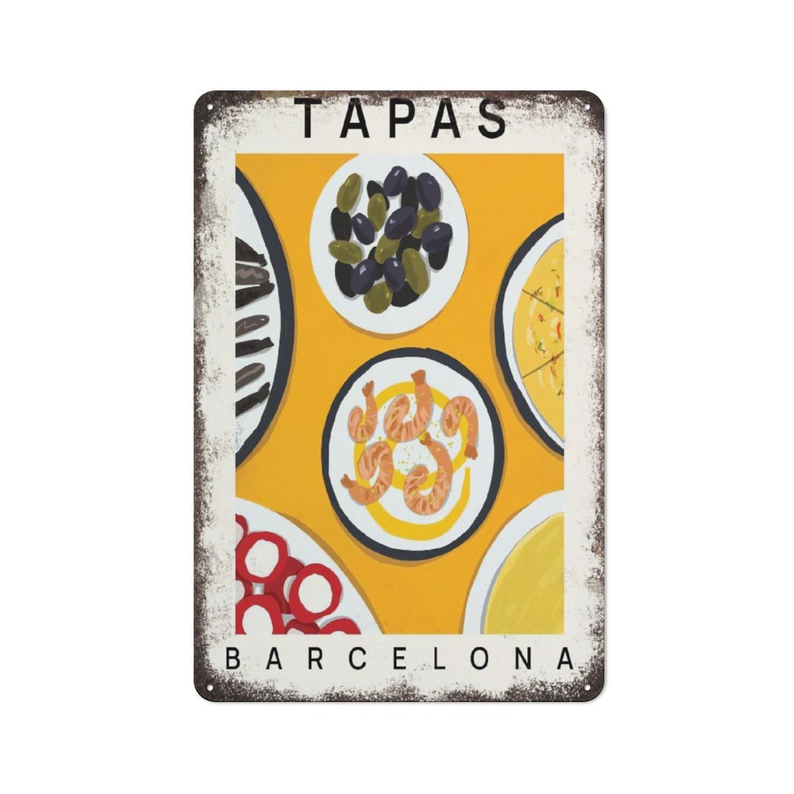 Tapas Food Spanish Food Olives Drawing Shrimps Grilled Novelty Retro Metal Tin Sign, Funny Wall Decor Garage Bar Courtyard Living room 8x12 Inch