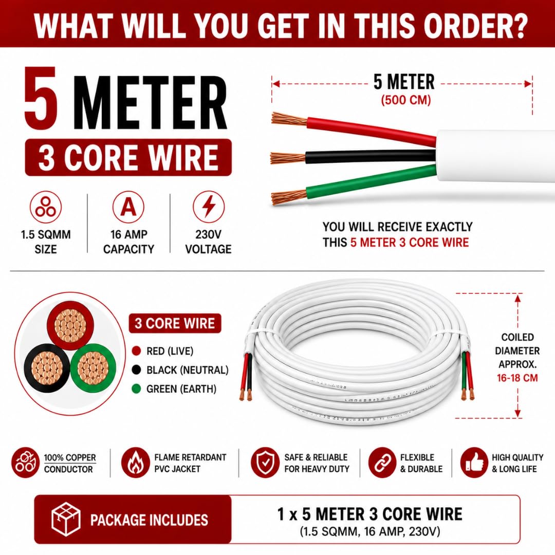 Hi-Plasst 1.5 Sqmm 3 Core Flexible Copper Wire 5M | ISI FR PVC Heavy Duty AC Cord | 16A Extension Wire/Extension Cable for Home Appliances (White) — Amazon image 2
