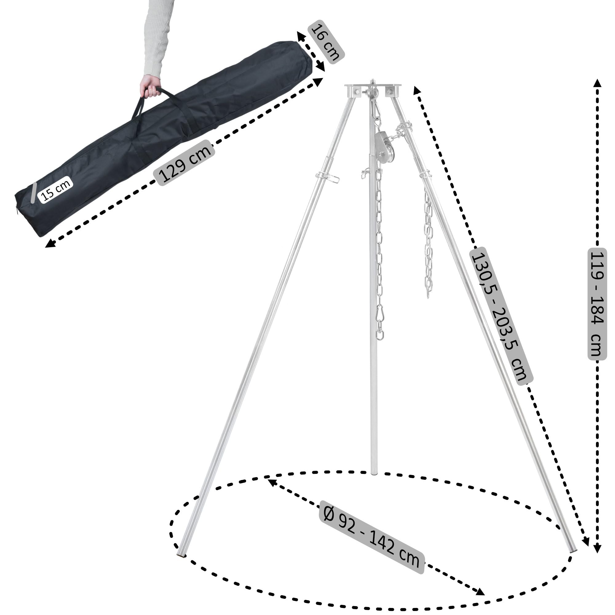 BBQ-Toro Barbacoa giratoria con bolsa de transporte, hierro galvanizado, altura regulable 119 – 184 cm, trípode para brasero, parrilla giratoria sin brasero, barbacoa de jardín, giratoria, parrilla de