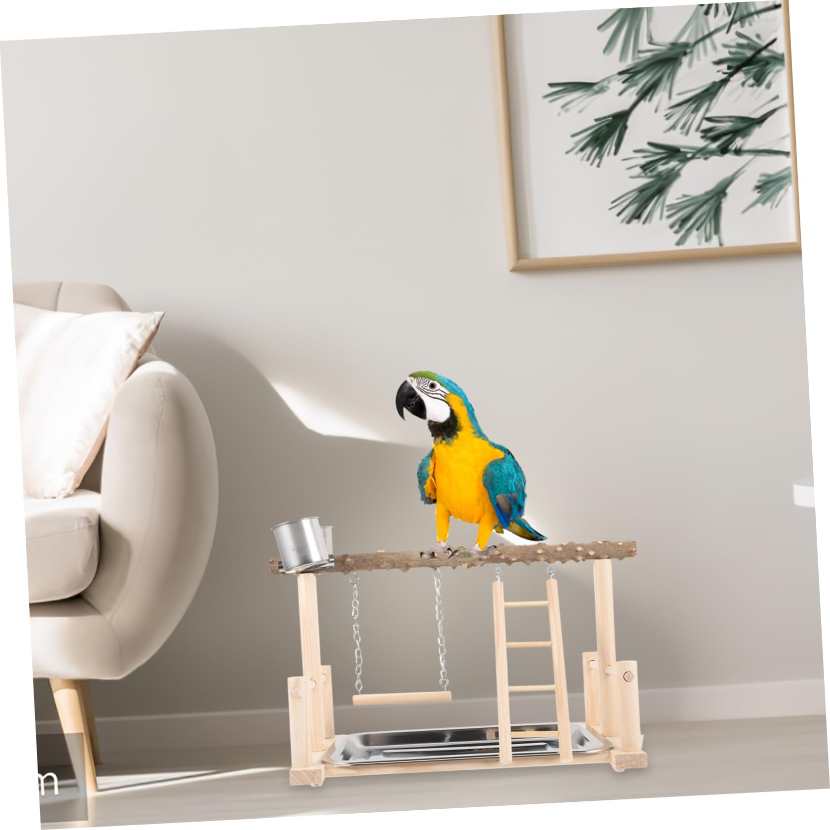 1satz Parrot Perch Stand Aus Holz Mit Futterbechern Und Leiter Für Vogelspielplatz Spiel Und Ruhebereich Im Käfig Interaktive Plattform Für Papageien Und Wellensittiche