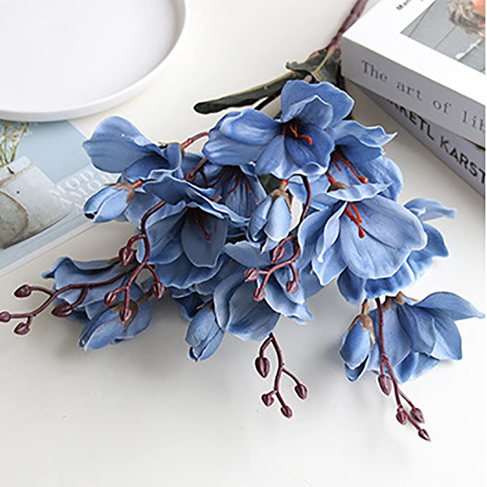 5 Fork 20 Head Artificial Magnolia Flower Fake Real Touch Orchid Bouquet Long Stem Magnolia Bouquet Artificial Fake Flower(Blue)