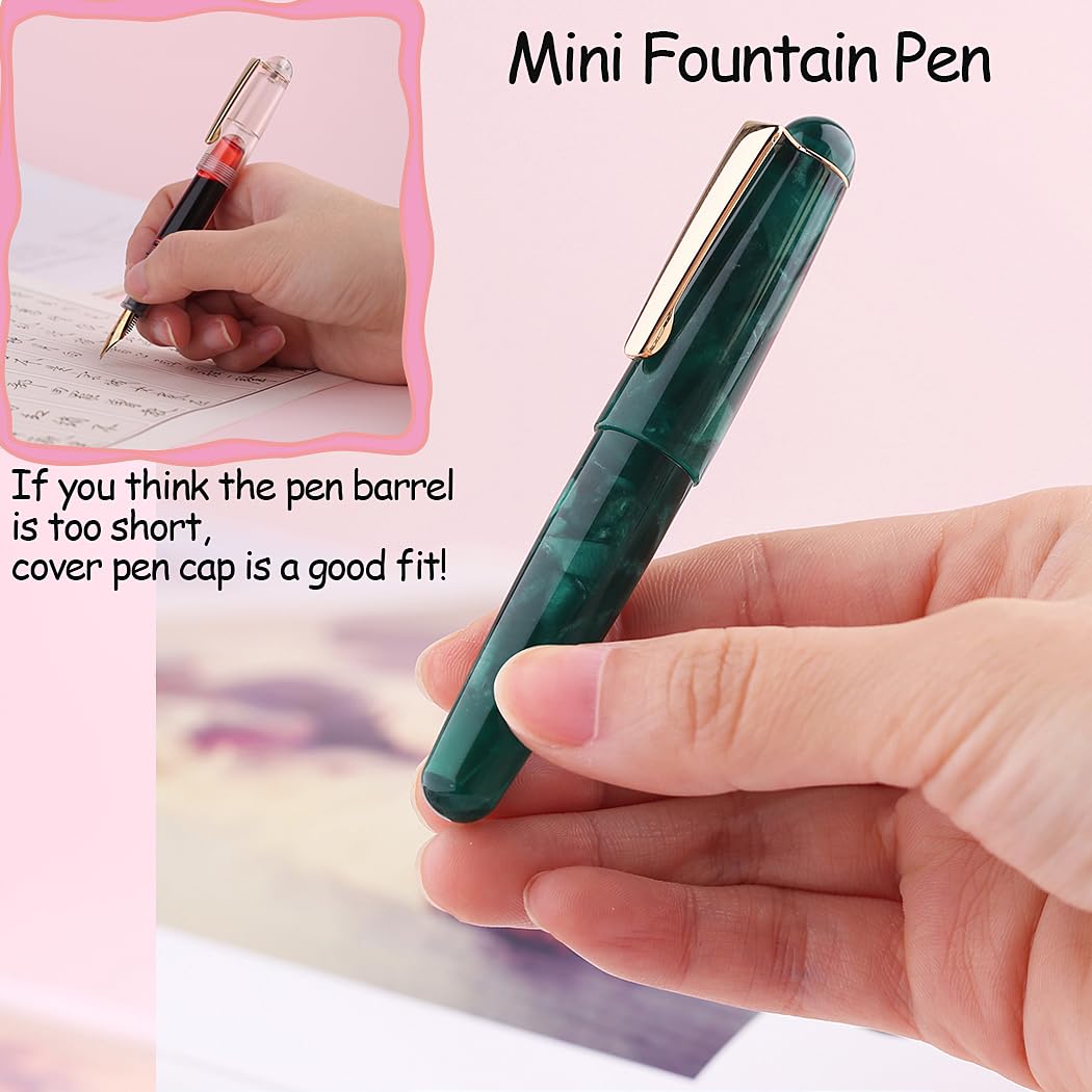 SIPLIV Majohn Q2 Mini Resin Fountain Pen Pocket-Size Travel Pen Iridium Fine Nib Fountain Pen with 3 Pen Nibs, Short Size Eyedropper and 20 Black Ink Cartridges - Green - Image 2