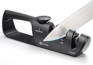 Paudin Knife Sharpener, 3 Stage Manual Professional Knife Sharpening Tool with Handle, Grown Knives and Scissors, Convenient for Restoring and Polishing Dull Blades