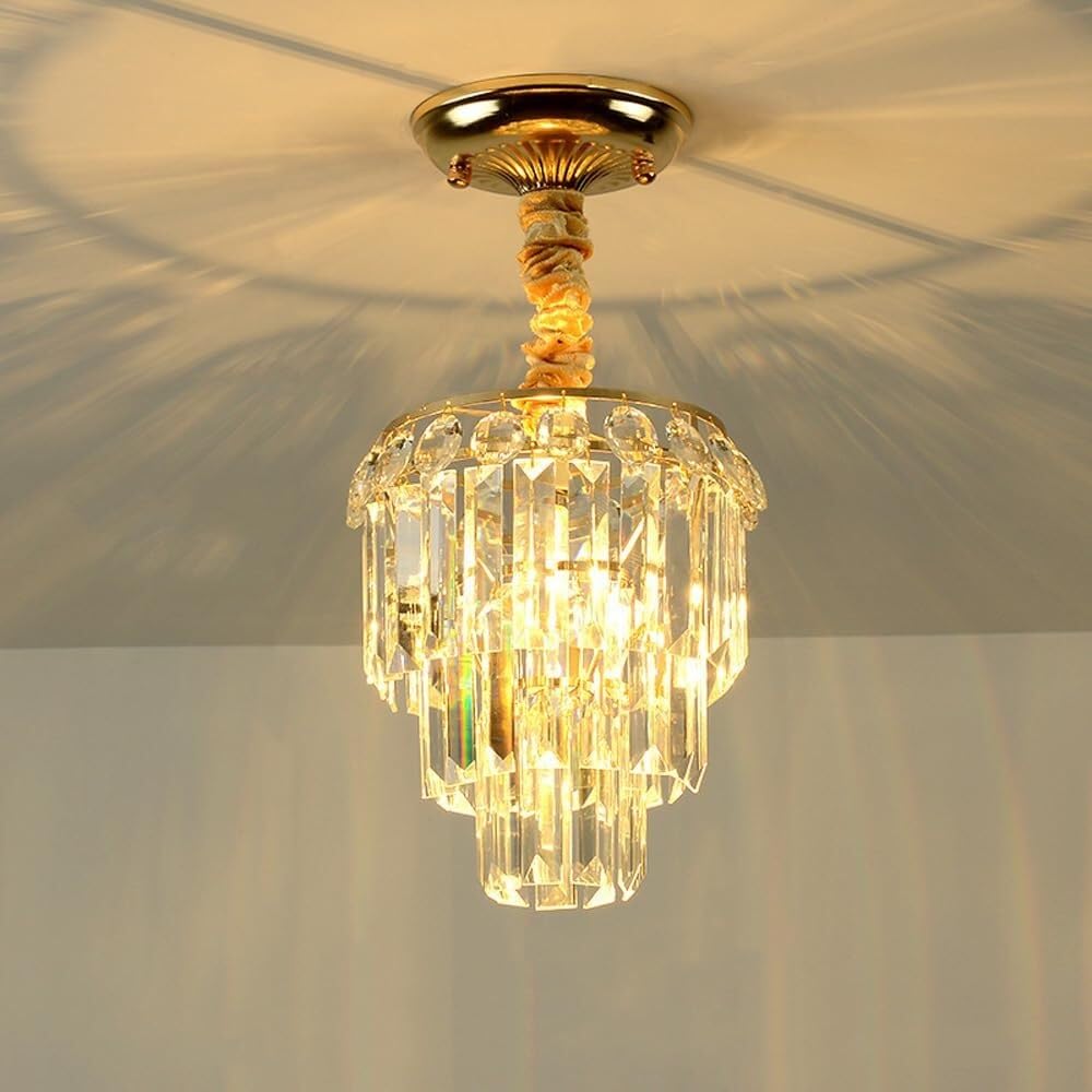 LYMSXAZOU Small Crystal Chandelier Flush Mount Ceiling Light Fixtures Luxury Raindrop Hanging Gold Round Modern Hallway for Bedroom Bathroom Kitchen Entryway Foyer Corridor(Color: