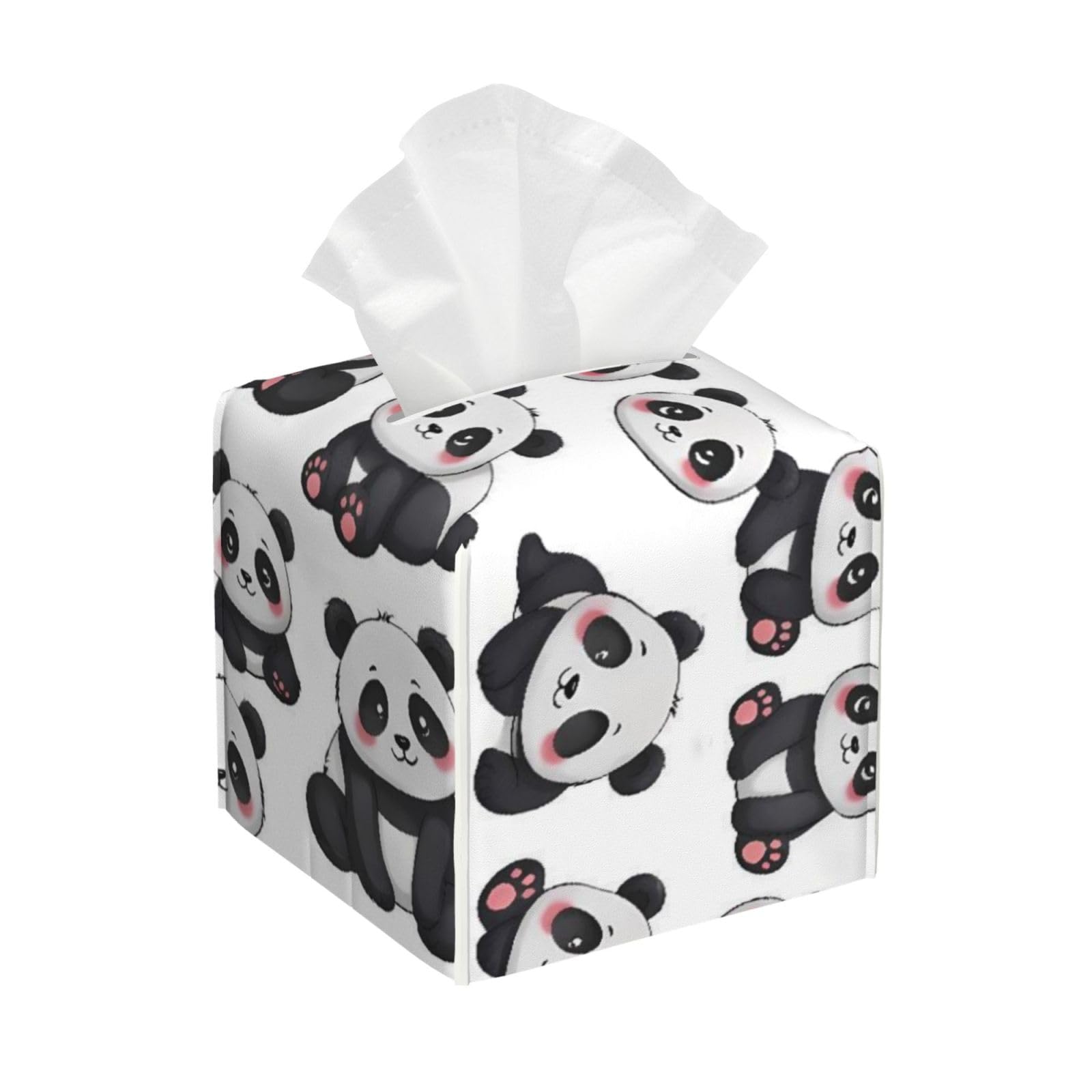 Cute Panda Leather Tissue Box Cover Holder Square Facial Paper Organizer 5.2" X 5.2" X 5.2"