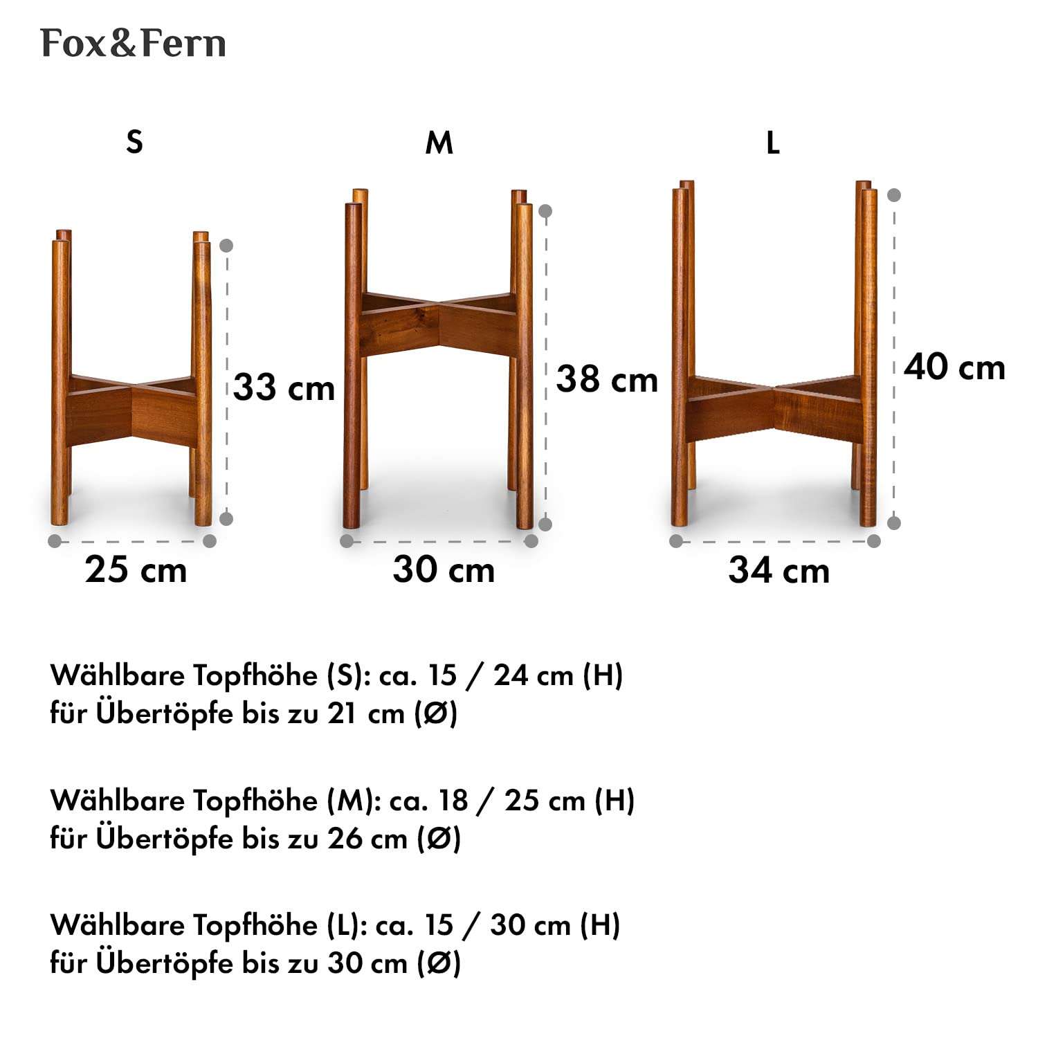 Fox & Fern Mid Century Pflanzenständer, erhöhter Ständer für Pflanzgefäße mit einer Breite von 20 cm, 25,5 cm, 30 cm (nicht im Lieferumfang enthalten), Akazienholz-Ständer für Zimmerpflanzen, Set mit