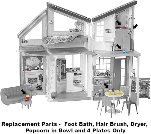 Miniatura 4 de Baño de pies de repuesto de tamaño Barbie, cepillo y secador de pelo, palomitas de maíz en tazón y 4 platos para juego de casa de muñecas Barbie