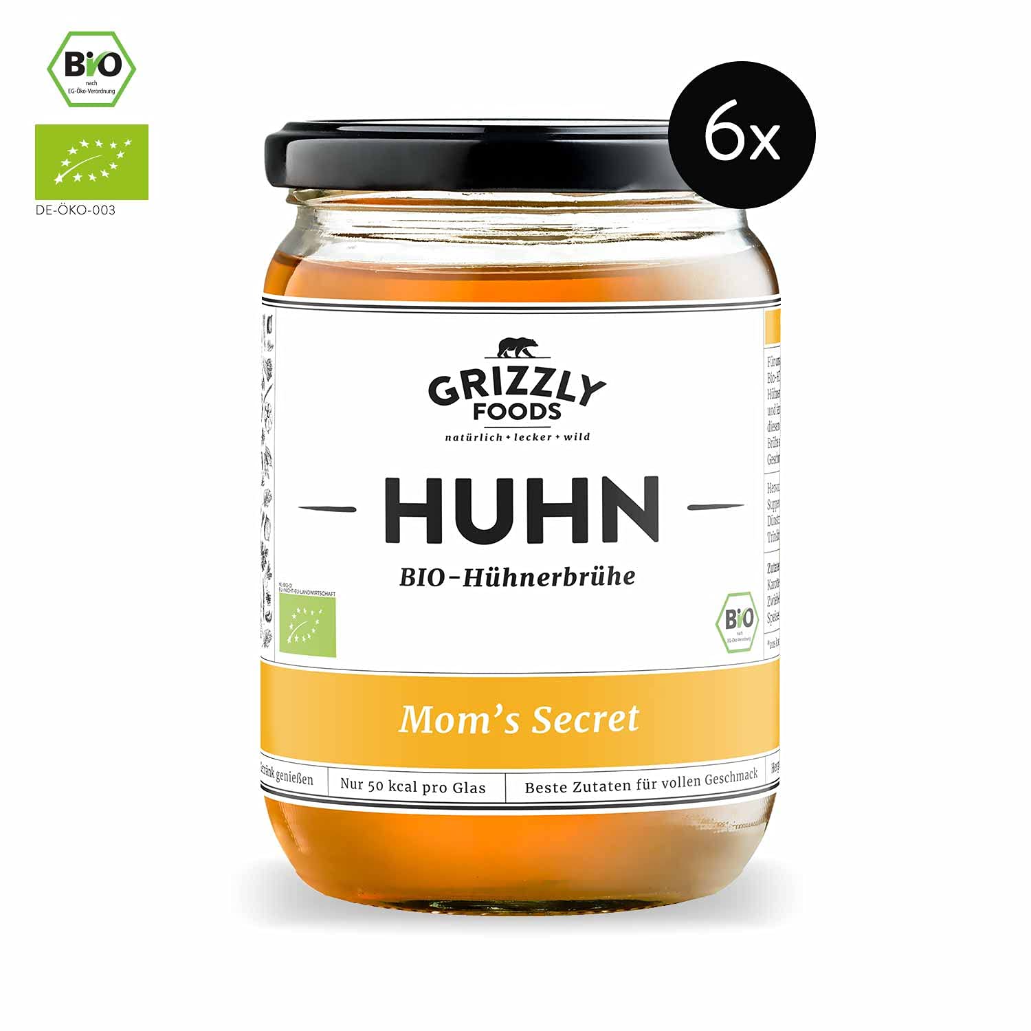 Grizzly Foods • BIO Hühnerbrühe (6 x 500ml) • 100% natürlich • Ohne Zucker & Geschmacksverstärker • Lange gekocht • Wertvolle Nährwerte • Fleischbrühe, Fond, Bouillon