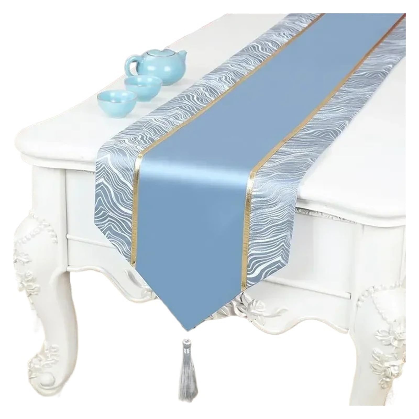 Satin Table Runners Golden Wave Pattern Table Flag European Satin Tassel Coffee Long Towel Cabinet Wedding Celebration Decorative Tablecloth(Color2,33x280cm 1pcs)
