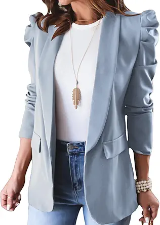 Happy Sailed Womens Blazer 2023 Open Front Puff Sleeve Office Blazers Bussiness Casual Jackets Work Suit with Pockets