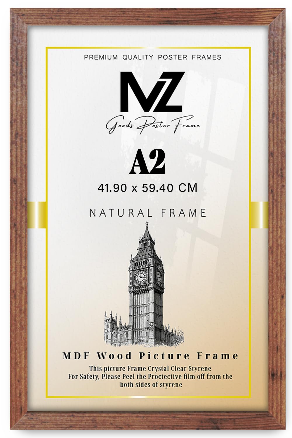 Mz Goods Rustic Flat Style Poster Frame A2 (23X16 Inch) – 30Mm Mdf Moulding, 2Mm Uv-Resistant Perspex, Solid Hanger, Premium Texture, Lightweight, Wall Mount, Shrink-Wrapped –