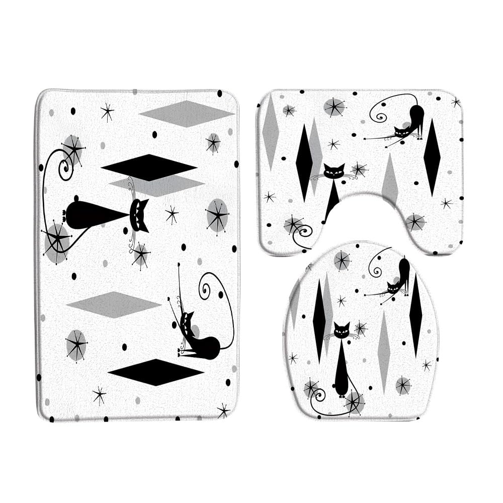 Mid Century Black Cat 3 Pcs Bath Rugs Set,Atomic Starbursts Cat Modern Abstract Geometric Pattern 1950s 60s Retro Bathroom Kitchen Rug with 17.8