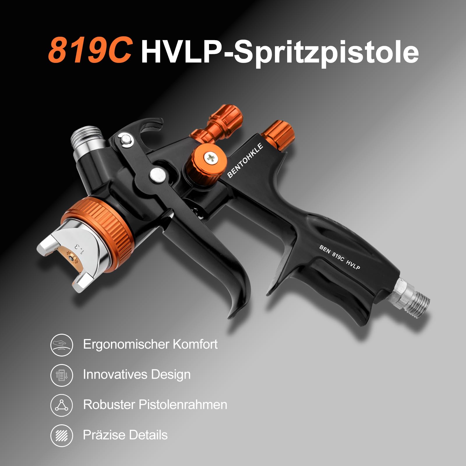 819C HVLP Lackierpistole Spritzpistole mit 3 Düsen 1,3mm 1,7mm 2,0mm Profi Farbsprühsystem Spraypistole mit 600ML Plastikbecher Mit Luftdruckregler für Autos und Zuhause