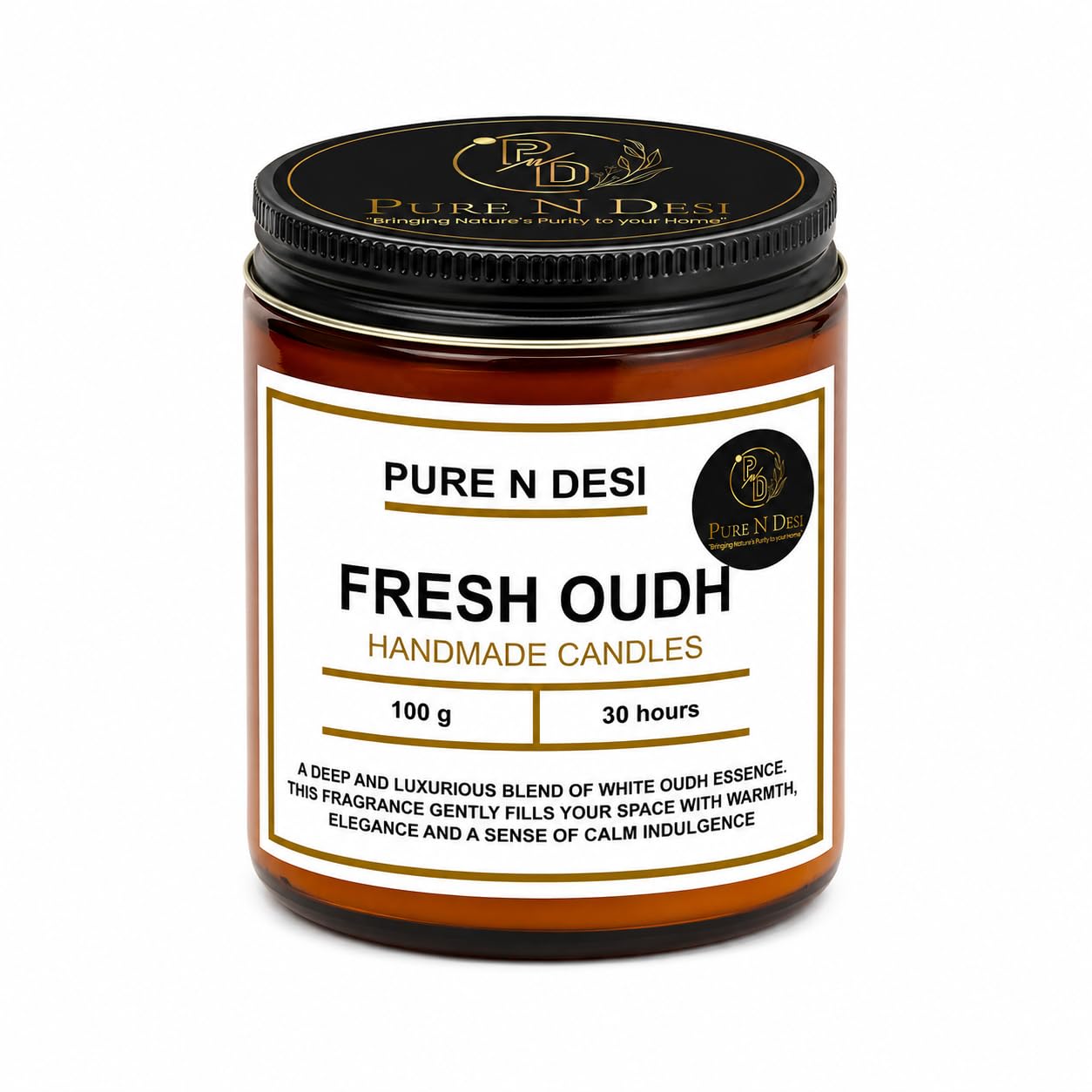PURE N DESI Fresh Oudh Soy Wax Candle 100g | 30 Hr Smokeless Jar Candle | Natural Soy Wax | Fresh Oudh Aroma | 30 Hours Burn | Smokeless | Cotton Wick | Home Décor & Gifting