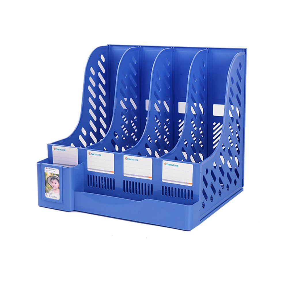 Multifunction Four Sections File Rack Paper Magazine Holder Home Office Desk Book Sorter Storage Hanger Tidy Dispay Bin Desktop Shelf File Dividers Cabinet Document Tray Organizer Box Blue