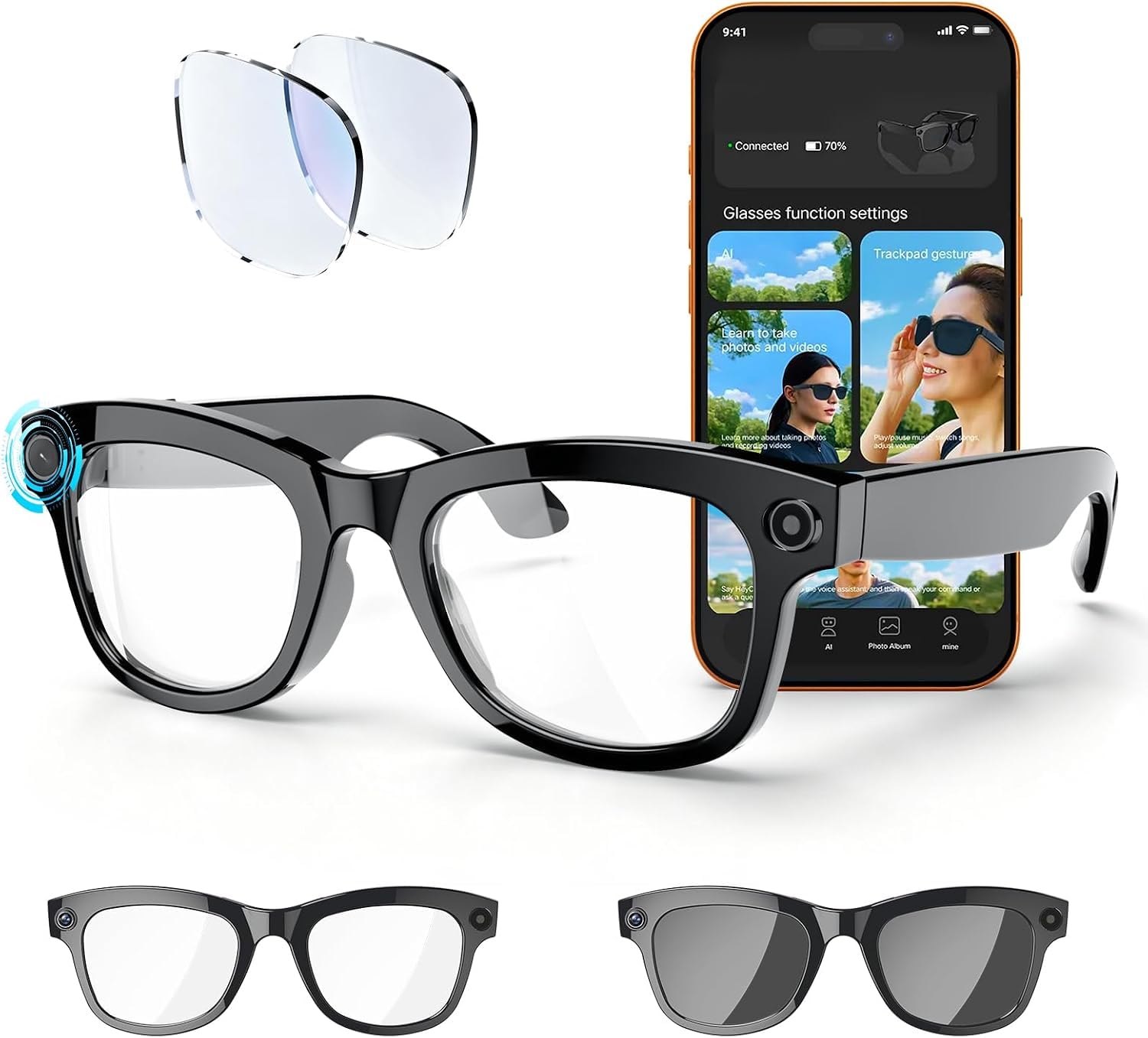 新品 スマートグラス カメラ付き 動画撮影 写真撮影 録音 AIワイヤレスメガネ Amazon | スマートグラス AIメガネ カメラ付き Bluetooth6.1 AI検索