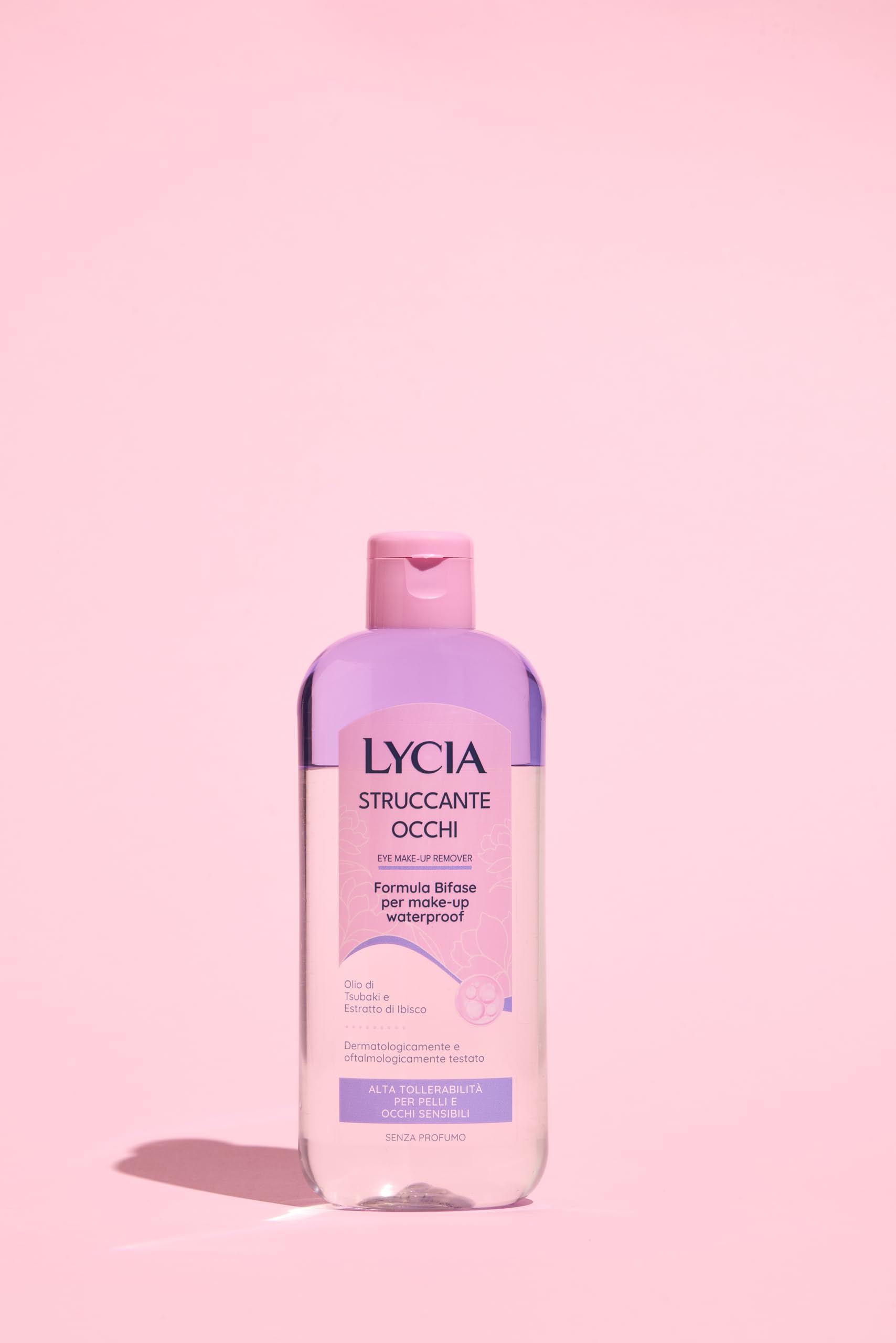 Lycia, Struccante Occhi Bifasico, Struccante per Make Up Waterproof, Formula con Olio di Tsubaki e Estratto di Hibiscus Antiossidante, Non lascia Residui, Senza Risciacquo, 250 ml