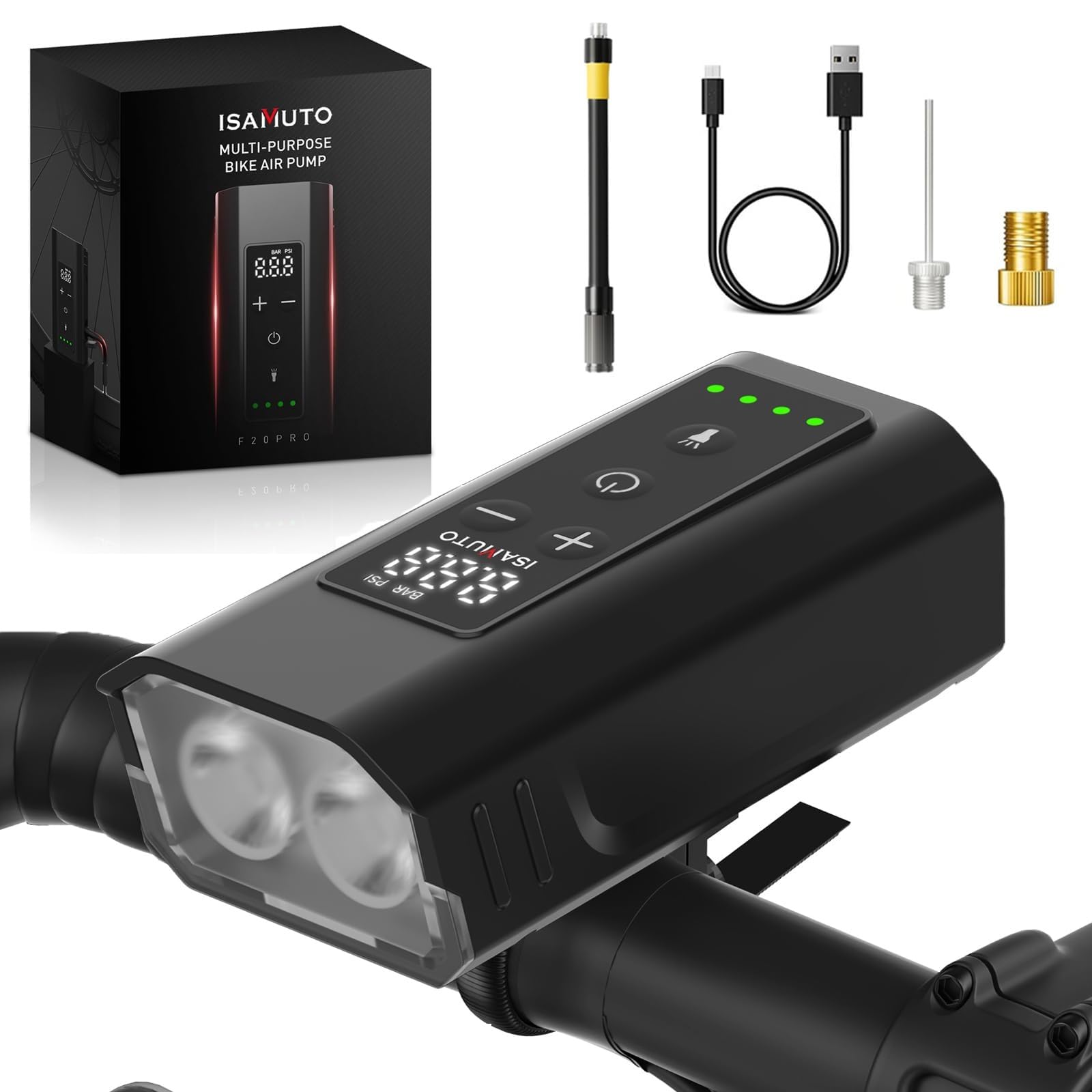 Mini pompe à vélo avec manomètre, pompe à air électrique de 150 PSI, 30 secondes, gonflage rapide, pompe portable pour vélo avec valve Presta, lumière de vélo de 2400 lm