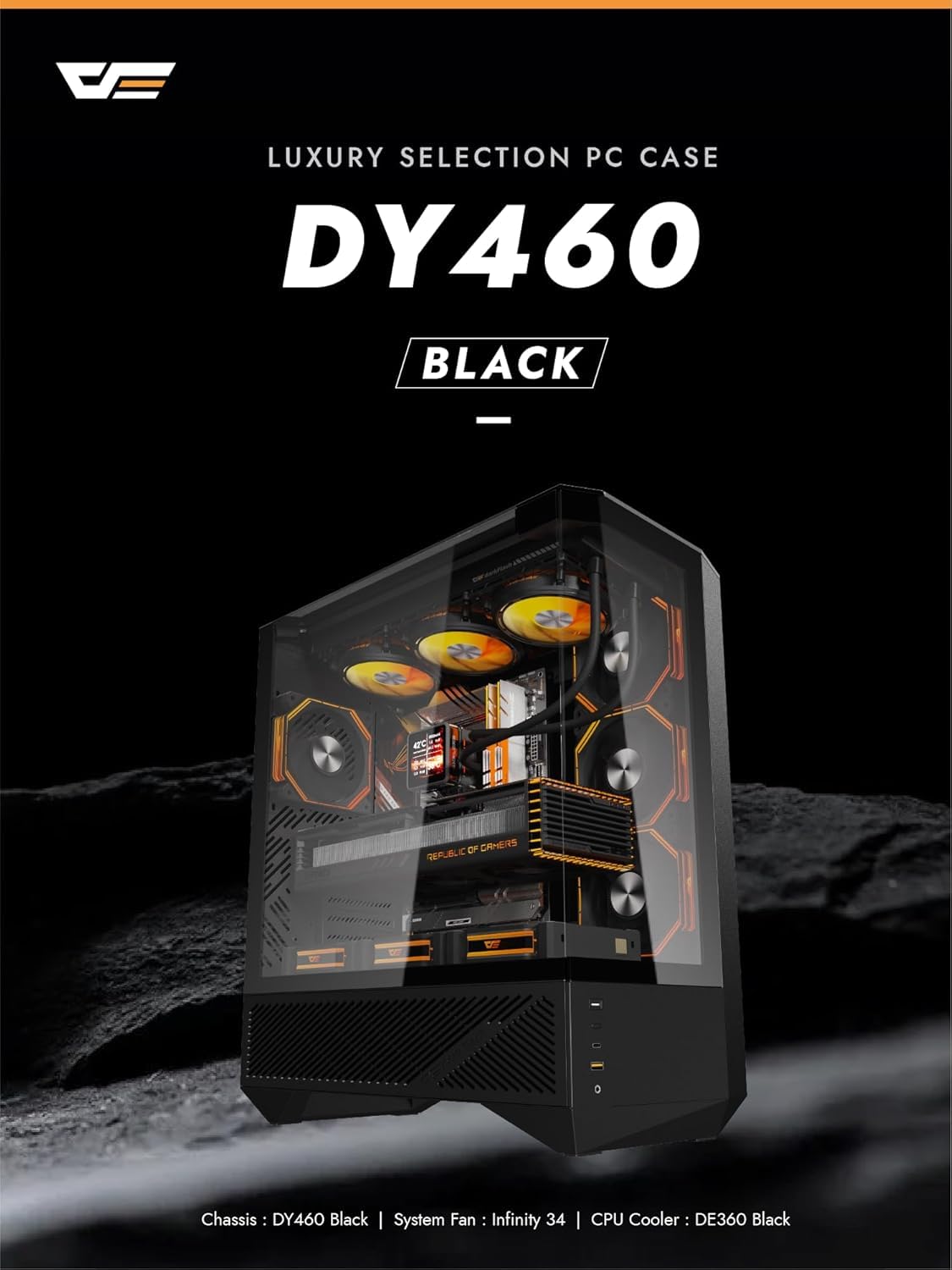 DarkFlash DY460 biała obudowa do komputera gamingowego ATX/M-ATX/ITX i 4 fabrycznie zainstalowane wentylatory ARGB, szkło hartowane 330°, maksymalna odległość GPU 400 mm, uchwyt chłodnicy 360 mm, USB
