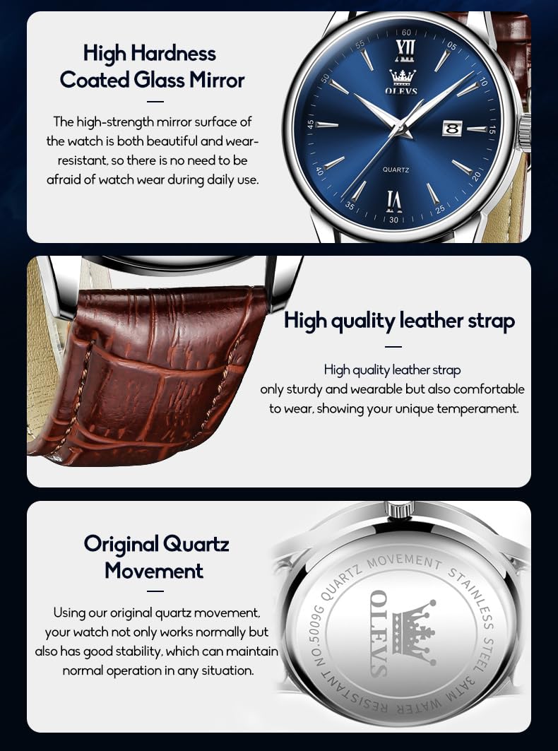 OLEVS Lederuhren für Herren, Lederband, Uhren für Herren mit Datum, wasserdicht, großes Zifferblatt, leicht zu lesen, lässig, Quarz, analog, minimalistisch, Relojes para Hombres
