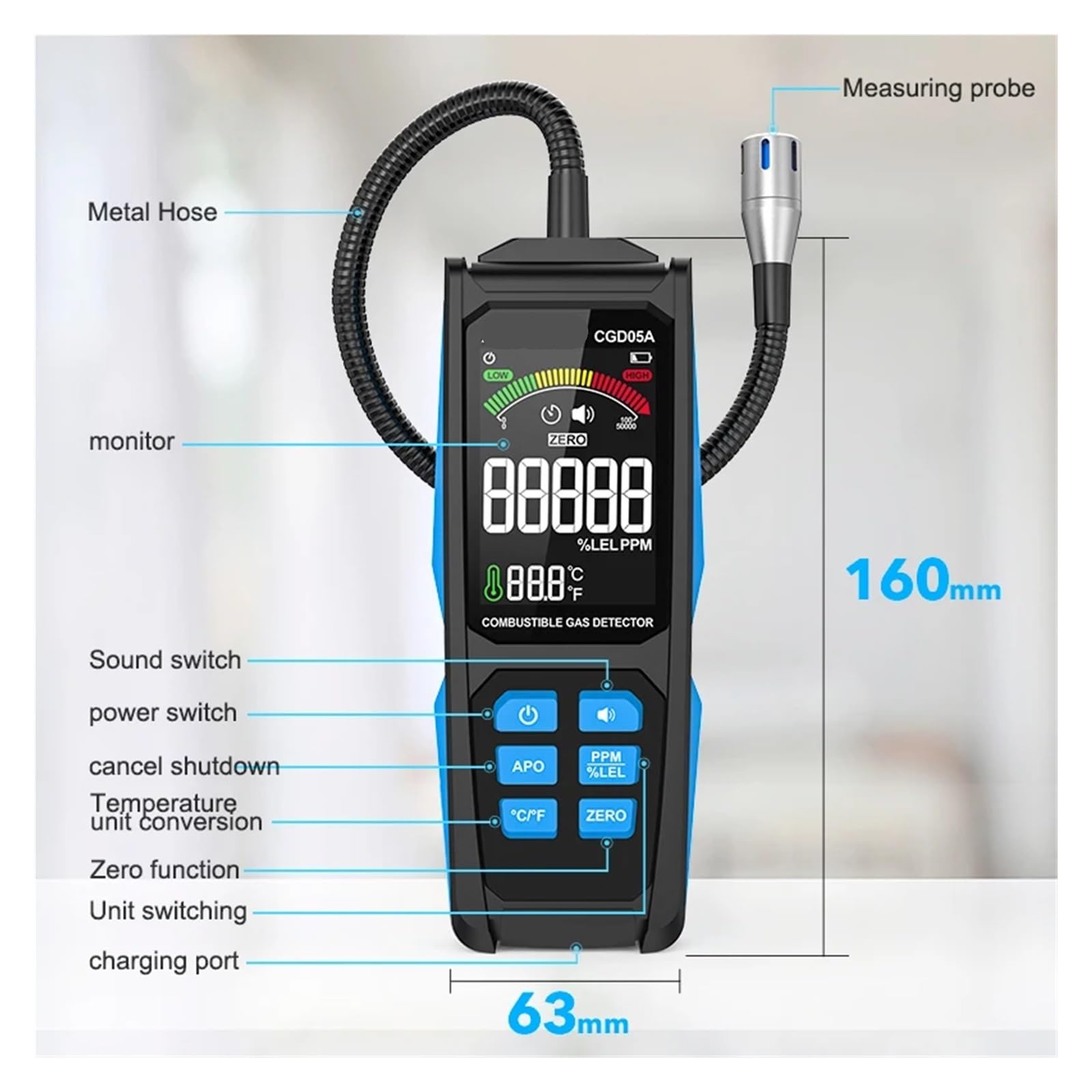 Detector de Gas, Detector de fugas de gas portátil con pantalla de carga, analizador de gas, medidor de GLP, medidor de fugas natural con triple alarma