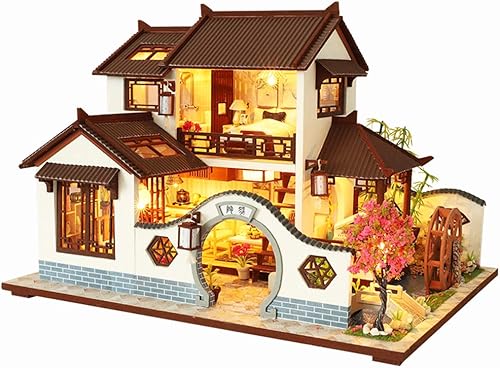 Spilay DIY casa de muñecas en miniatura con kit de muebles de madera, hecho a mano, mini estilo chino, modelo de artesanía para casa, con cubierta