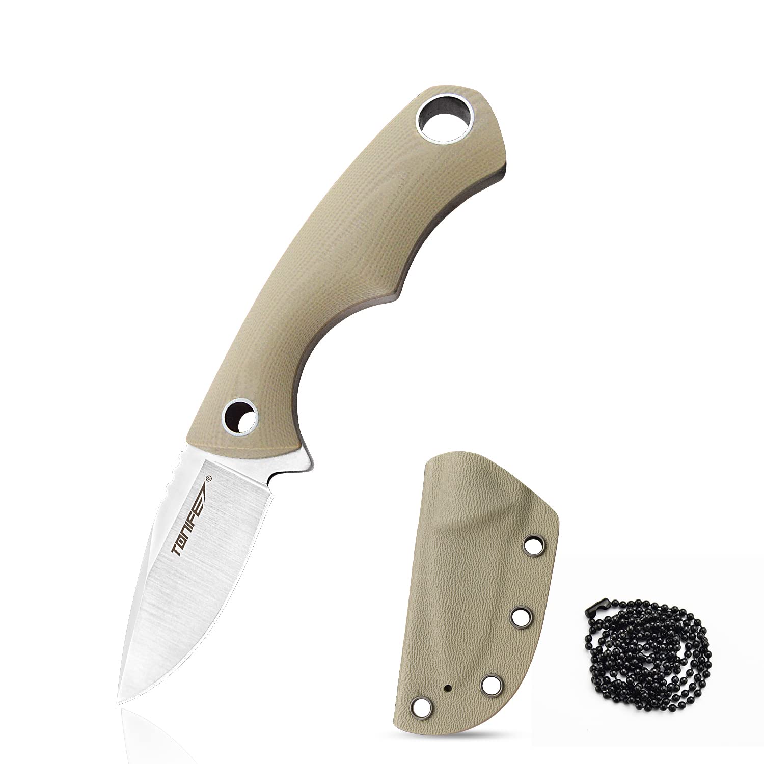 TONIFE Squirrel Full Tang Coltello da Collo Lama Fissa 4,3cm Totale 11,9cm con Fodero in Kydex e Catena a Sfera per Caccia, Campeggio, Sopravvivenza（Cachi）